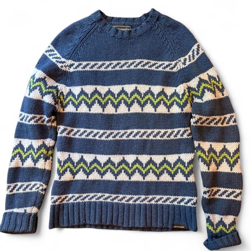 Vintage Abercrombie & Fitch XL Lambswool Fair Isle Sweater Blue Green Geometric